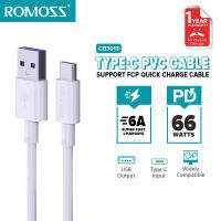 Romoss CB3013 Type C 1m 6A 66 watts สายชาร์จเร็วทุกค่าย 6A Vooc Flash Warp USB Type C Fast Quick Charge อุปกรณ์ชาร์จมือถือ สำหรับ Samsung VIVO Relame Huawei และ Oppo