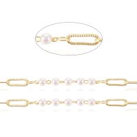 1m 3.28 Feet Handmade Brass Link Chains with Imitation Pearl Glass Beads Long-Lasting Plated Soldered Round Golden Link: 9x3x0.7mm Beads: 3mm