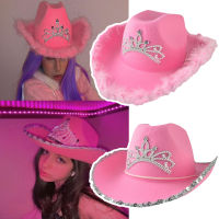 Crown Pink Cowboy Caps Western Cowgirl Hat for Women Girl Feather Edge Shiny Sequins Tiara Cowgirl Hats Party Fedora Cap Caps