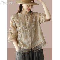 Summer new retro artistic embroidery Ramie shirt Womens stitching organza shirt Chinese style shirt V729