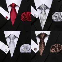 Nice Handmade Jacquard Brand Slik Tie Pocket Squares Cufflink Set Necktie For Men Plaid Shirt Accessories Fit Holiday Party