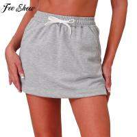 Womens High Waist Drawstring Sports Skirt Solid Color Elastic Waistband Shorts Pantskirt with Pocket for Tennis Golf Badminton