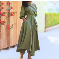 Spring Autumn Sexy Diagonal Collar Boho Dress New Fashion Casual Green Black Lace Up Elegant Maxi Dresses For Women Robe Femme