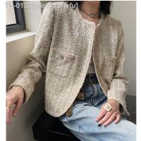 ☑✣♈ sdeifhruhvfu Blazer de tweed com lantejoulas feminino jaqueta curta casacos gola O manga comprida streetwear elegante moda coreana luxo outono inverno 2023