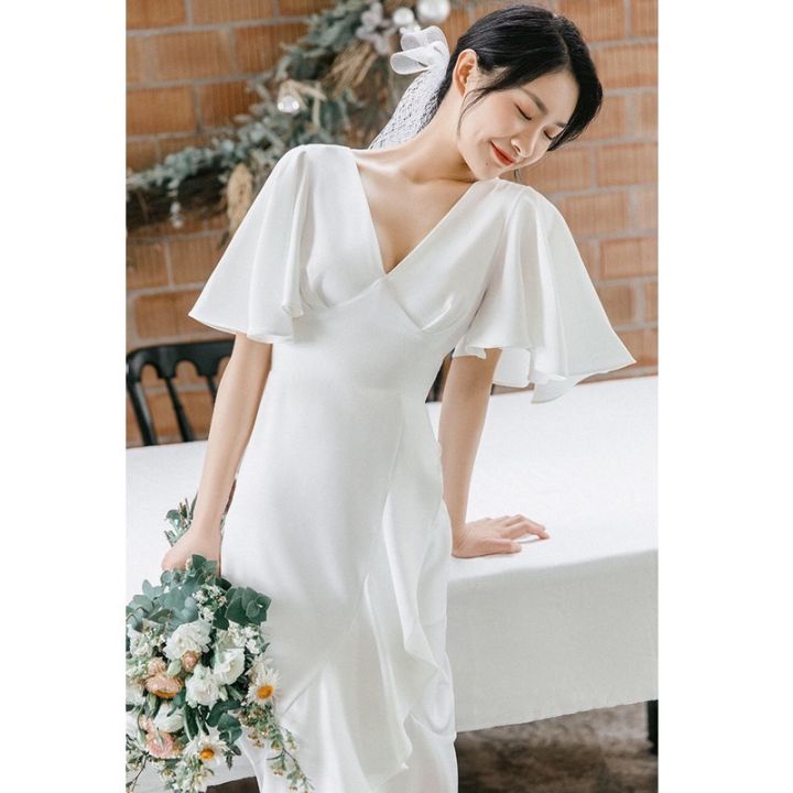 ชุดแต่งงานน้ำหนักเบา-qs1592ฉากเจ้าสาวสีขาวน้ำหนักเบาสไตล์เกาหลีเรียบง่ายถ่ายภาพง่ายสุดๆเพรียวบาง