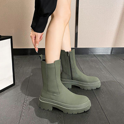 Szhydza บูทปล่องไฟ2022 Sepatu BOOT Pendek เชลซีหนาขึ้นซิปด้านข้างพื้นรองเท้าหนารองเท้าบูท Martin