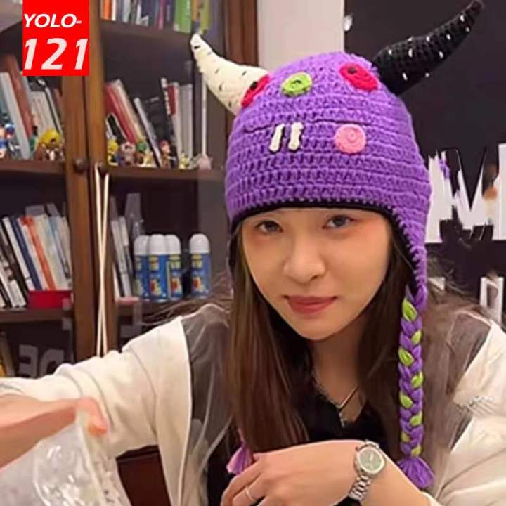 horn-demon-hat-purple-funny-hat-warm-knitted-wool-hat-men-ashion-cold-hat-trend-ear-protection-id-hat-uni-party-hat