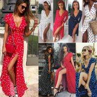 【Ladies shop】ผู้หญิง BohoV คอแยกยาว MaxiWoman สุภาพสตรี SummerParty BeachDresses หญิง Vestidos