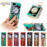 KISSCASE เคสโทรศัพท์แบบพับฟิล์มกันรอยหน้าจอขนาดเล็กสำหรับ Samsung Galaxy Z Flip 5 5G พร้อมสายรัดข้อมือขาตั้งลิ้นจี่ลาย PU หนังด้านหลังกันกระแทกเคส Galaxy พลิกพลิก5