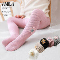 AMILA ดอกไม้ลายเส้นแนวตั้งเด็กถุงน่องสีทึบสาวสวมใส่ด้านนอก Leggings