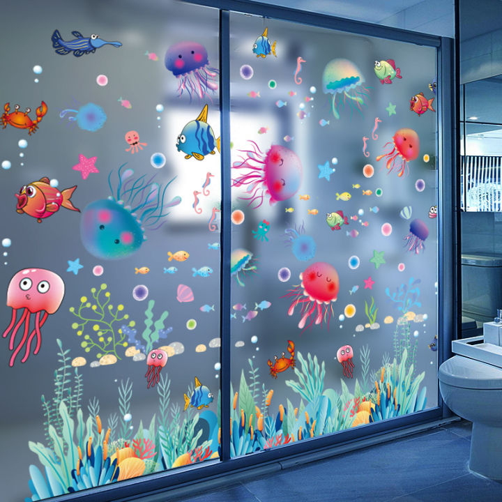 hot-ห้องน้ำห้องน้ำกระเบื้องห้องน้ำสติกเกอร์กันน้ำสติกเกอร์ติดผนังสติกเกอร์ประตูกระจกลายการ์ตูนปลาทะเล-3d-สามมิติ