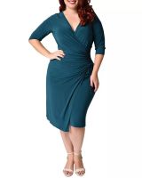 Summer Sexy Party Dress For Fat Female Plus Size Vintage Dress 4XL 5XL Women Blue Deep V Neck Draped Tight Slim Midi Dress