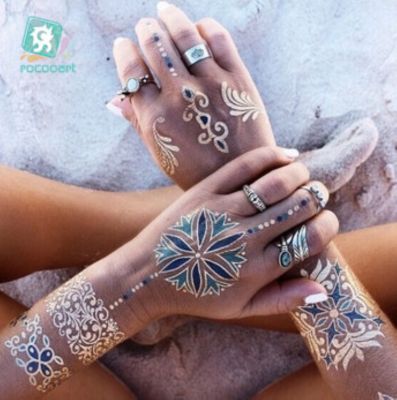 【YF】 Rocooart Flash Metallic Waterproof Temporary Tattoo Gold Silver Tatoo Women Henna Flower Taty Indian Arabic Sticker