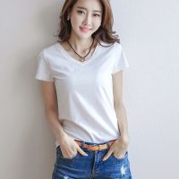 Women Summer Pure Color T-shirt Short Sleeve Simple V-neckRound Collar Slim Sport T-shirt Top