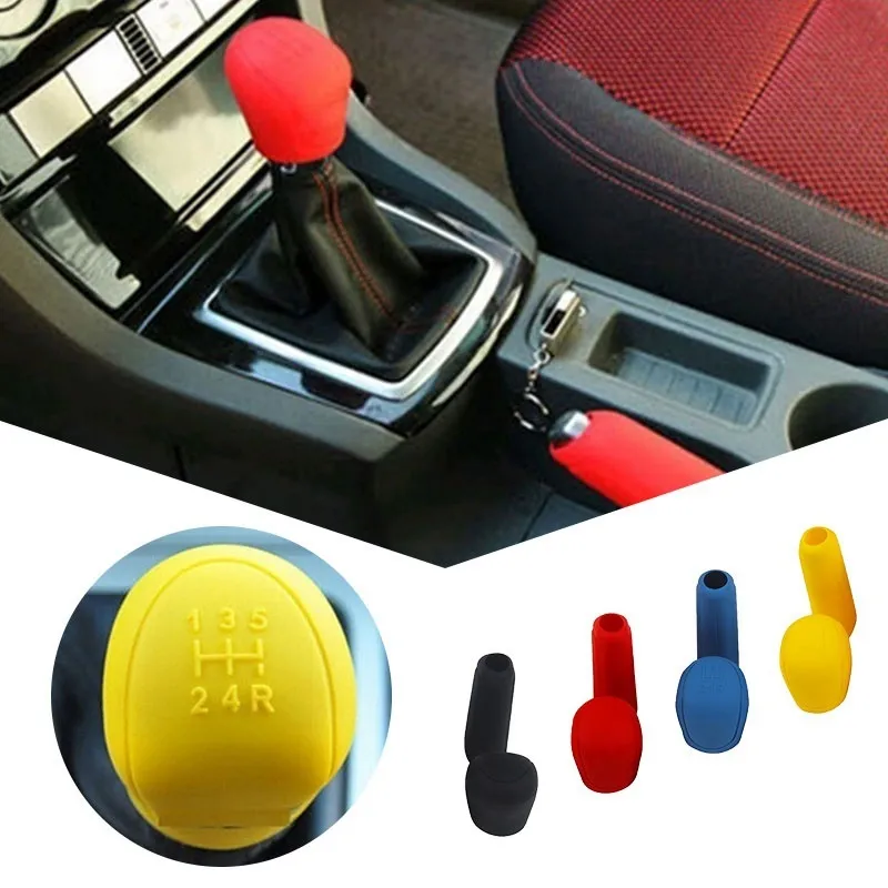 2Pcs Universal Manual Car Silicone Gear Head Shift Knob Cover Gear Shift  Collars Handbrake Grip Car