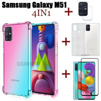 (4in1) สำหรับSamsung Galaxy M51 M31 M21 M11สี่มุมAnti-Drop Gradientโทรศัพท์มือถือเคสโทรศัพท์ + กระจกเทมเปอร์ฟิล์ม + คาร์บอนไฟเบอร์ฟิล์มด้านหลัง + กล้องฟิล์มเลนส์