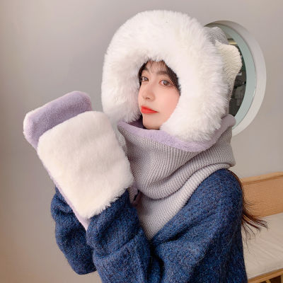 Cute Student Hat Scarf Gloves Three-piece Women Korean Fashion Winter Bib One-piece Adult One-piece Cap Set