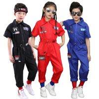 Boys Girls Fashion Jumpsuit Zip-Front Coveralls Hip Hop Street Dance Outfit with Headband