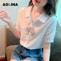 AOLINA เสื้อเชิ้ตแขนสั้นผู้หญิง,เสื้อผ้าฝ้ายแขนสั้นปักลายศิลปะสดใสขนาดเล็กใหม่ฤดูร้อน