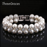 ThreeGraces Newest Bridal Jewelry Accessories Handmade Simulated Double Pearl Big Wedding celets Bangles with Zirconia BR066