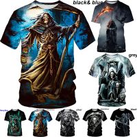 2023ผู้ชายแฟชั่น Skull 3D พิมพ์เสื้อยืดแขนสั้นคอกลม Fun Gothic Grim Reaper Tops