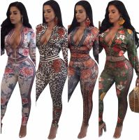 S-3XL autumnwinter fashion sexy women printed two pieces suits casual nightclub party tracksuit SMR8771