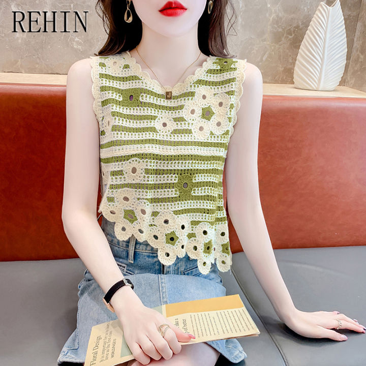 rehin-เสื้อถักโครเชต์ผู้หญิง-เสื้อคอกลมเสื้อกล้ามหน้าร้อนแขนกุดสายเอี๊ยมสั้นแหวกแนวแหวกแนว