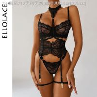 【CW】□  Ellolace Seamless Halter Panty Set Garter Thongs 6-Piece See Through Erotic Intimate