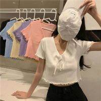 Mens Sweaters Womens Clothing Croptop terno Summer Short Midriff-Baring Bow Short-Sleeve Top