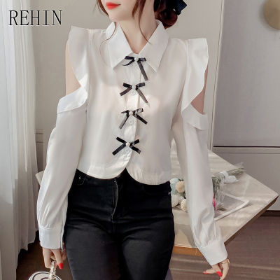 REHIN ของผู้หญิงฤดูใบไม้ร่วงใหม่นัวเนียที่ไม่มีสายหนังเสื้อแขนยาวปกหรูหราโบว์ผูกเสื้อหรูหรา