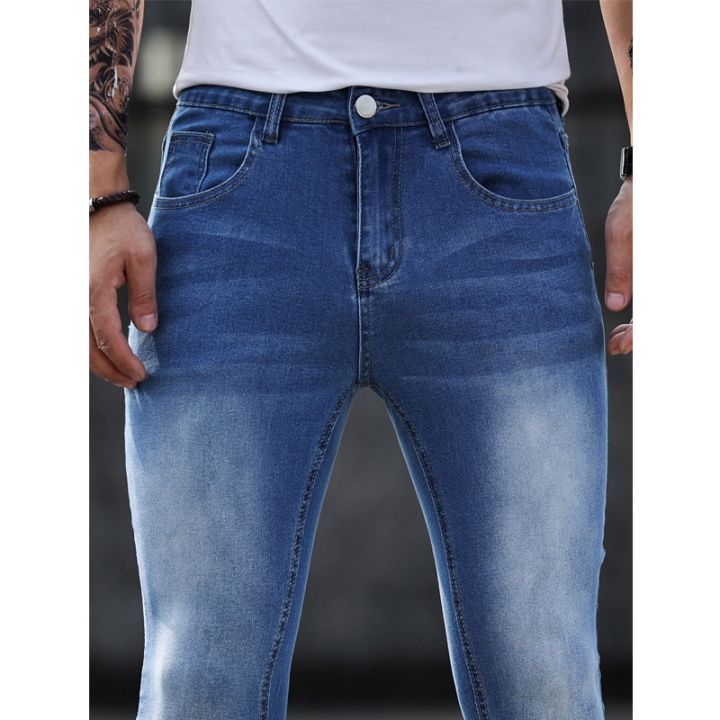ฮิปฮอปยืดรัดรูปเอวกางเกงยีนส์ผู้ชายยืดหยุ่นชุดแนวสตรีทกางเกงยีนส์ยีนส์สำหรับกางเกงขายาวใส่วิ่ง
