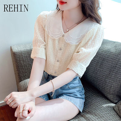 REHIN เสื้อเชิ้ตแขนสั้นผ้าชีฟองแขนพองทรงหลวมคอตุ๊กตาคู่แฟชั่นสไตล์เกาหลีแบบใหม่ฤดูร้อน