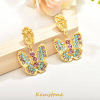 Kemstone เสา S925วินเทจชุบทองสีสันสดใสคริสตัลผีเสื้อเครื่องประดับต่างหูแบบห้อยหรูหราสำหรับผู้หญิง