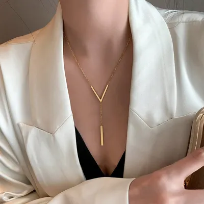 ■ SUMENG New V-shaped Long Sexy Clavicle Necklace Gold Colour Chain Necklace Choker for Women 2023 Fashion Jewelry Party Gifts