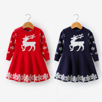 Baby Girl Dress Christmas Long Sleeve Knit Autumn Winter Dress Santa Wave Snowflake Elk Princess Dresses New Year Red Costume