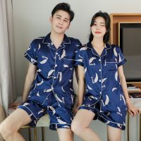 Blue FeatherSleepwear Silk Satin Pajamas Couple Set Short Button-Down Pyjamas Suit Pijama Women Men Loungewear Plus Size Pj Set