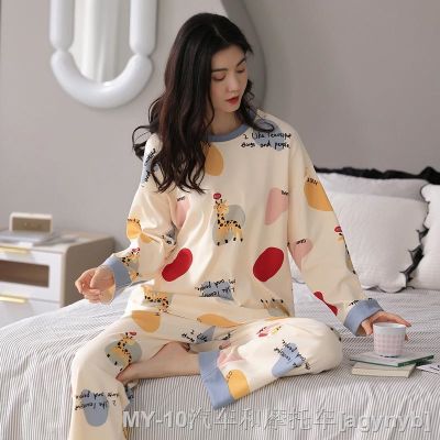 【jw】●✻✐  Womens 2 Pieces Set Cotton Pyjama Female Pijama Homewear Soft Sleepwear Sleeve O-Neck Shirt Pants