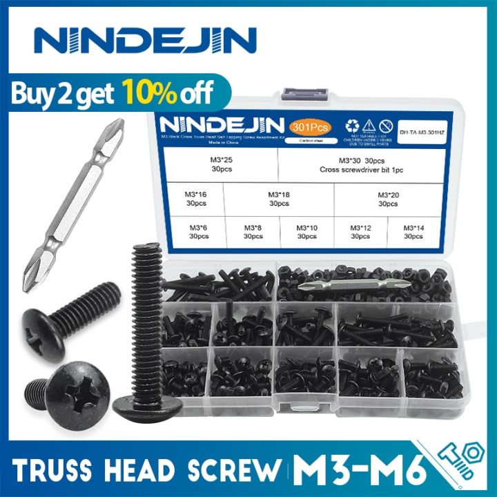 nindejin-truss-หัวเครื่องสกรูชุด-m3-m4-m5-m6สีดำเหล็กคาร์บอนเห็ดใหญ่-truss-head-phillips-สกรูและ-nut-set