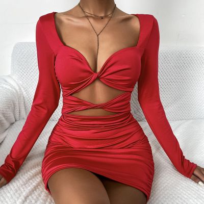 Long Sleeve Bodycon Dress Hollow Out Mini Bandage Sexy V Neck Y2K Women Party Dresses