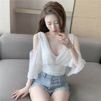 Chiffon Blouse Spring Autumn Women Deep V Neck Loose Cropped Shoulder Shirts Korean White Black Designed Sweet y Elegant Top