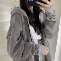 [ร้อน]สตรี Hoodies ขนาดใหญ่ฮาราจูกุสีทึบซิปขึ้นกระเป๋าเกาหลี Streetwear ฤดูใบไม้ร่วงแขนยาวคลุมด้วยผ้าหญิงเสื้อยืดสบายๆ