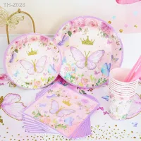 ☍✱☃ Pink Butterfly Tableware For Kids Birthday Party Decorations Paper Cups Plates