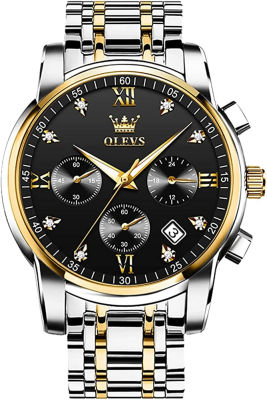 OLEVS Mens Stainless Steel Chronograph Watch, Big Face Gold Silver Black Tone Easy to Read Analog Quartz Watch, Luxury Waterproof Date Diamond Roman Arabic Numerals Dial Dress Watch for Men Black Face/Two Tone Strap