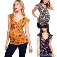 ◐☇ blusa camisas de gravidez roupas para grávidas mulheres nusring maternidade com decote em v manga curta impresso listra topos