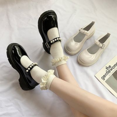 [ส่งเร็วพิเศษ!] 💥NewGreenTrees💥รองเท้าแฟชั่น Mary Jane หญิง JK ชุดนักเรียน สีขาว รองเท้าหนังขนาดเล็ก ผูกเชือกมุกรองเท้าผู้หญิง