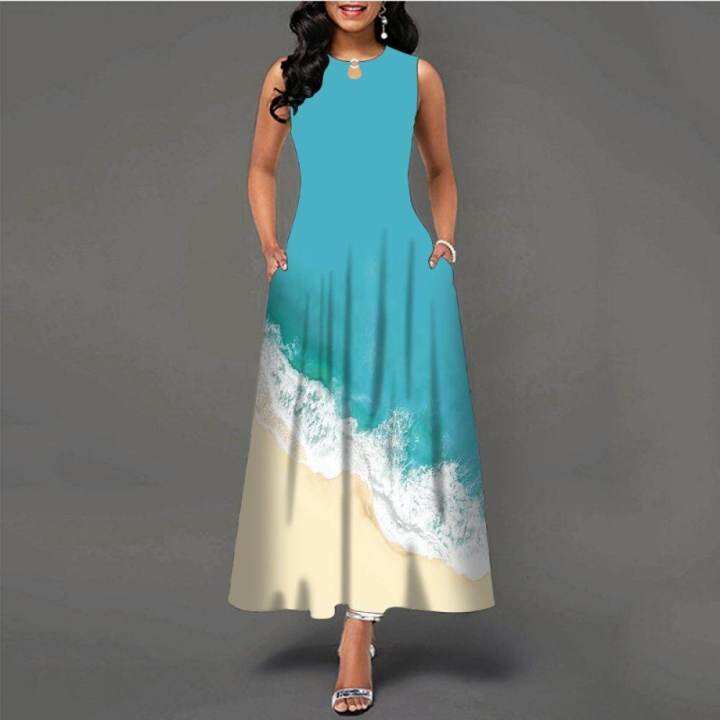 ฤดูร้อนลำลองแขนกุดพิมพ์-fish-beach-รูปแบบ-maxi-dress-a-line-boho-pocket-vintage-หลวม-plus-size-dresses