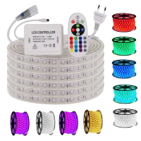 แถบไฟ LED SMD 5050 AC220V Strip Light บลูทู ธ LED RGB เปลี่ยนสีไฟตกแต่งห้องนอน IP65เทปยืดหยุ่นกันน้ำ แถบไฟเกมเชื่อมต่อผ่านแอปบลูทูธและ รีโมทคอนโทรล