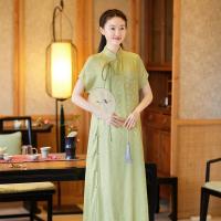 【CW】 2022 Summer Improved Cheongsam For Women Chinese Style Green Satin Stand Collar Jacquard Pearl Button Short sleeved Qipao Dress