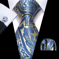 Yellow Blue Paisley Mens Wedding Tie 8.5cm Silk Neckties Business Handkerchief Cufflink Tie Men Gift Set Barry.Wang FA 5400