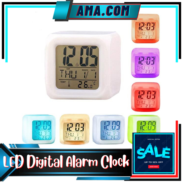AMA 7 Colour Changing LED Digital Alarm Clock with Date, Time, Temperature for Office Bedroom
